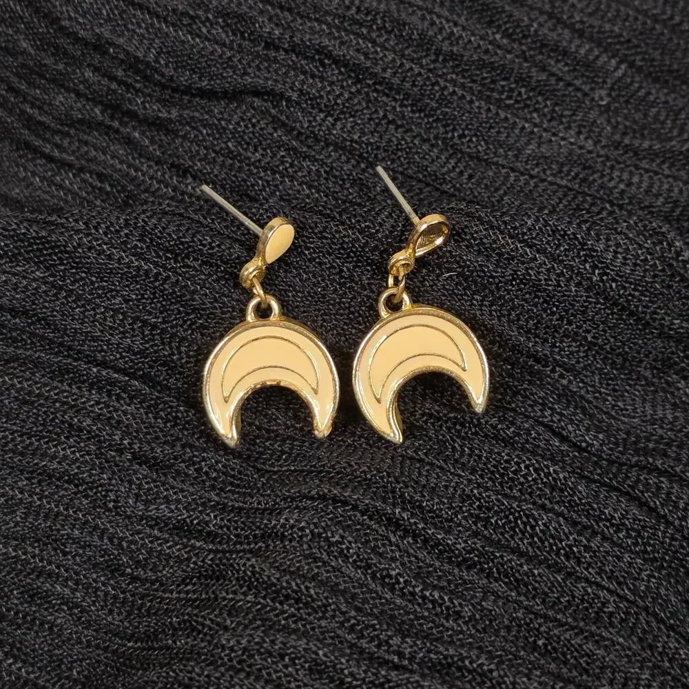 Vintage Cream Enamel Crescent Moon Earrings Gold Tone Celestial Dangle